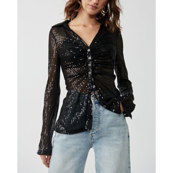 Free People Tops - FREE PEOPLE Sequin Shirtee / Black
